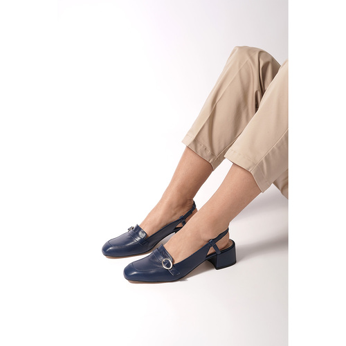 Heeled slingback loafers in navy leather 